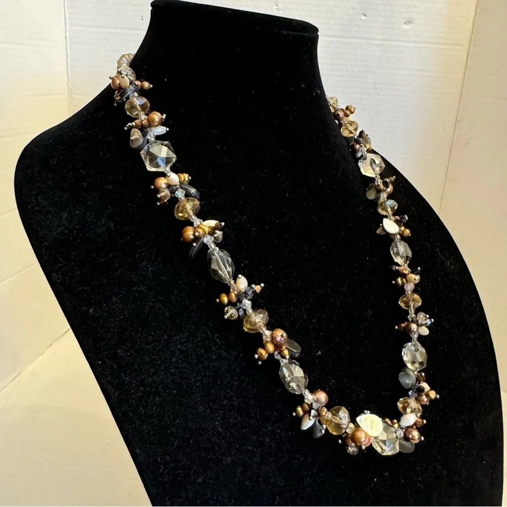 925 Sterling Silver Aurora Borealis Vintage Necklace Pearl Shells Crystals 25